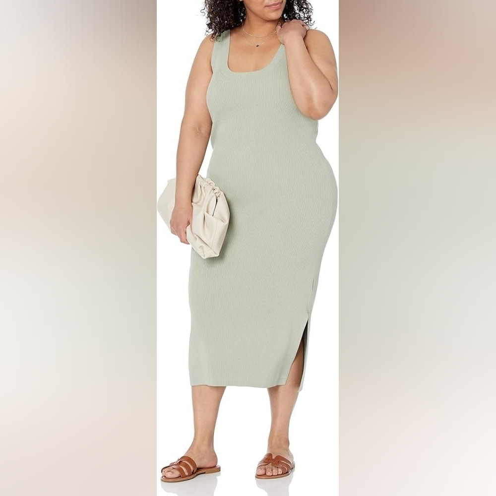 Stretchy Desert Sage Green Yasmin Midi Dress, The Drop, With Slit, 2X